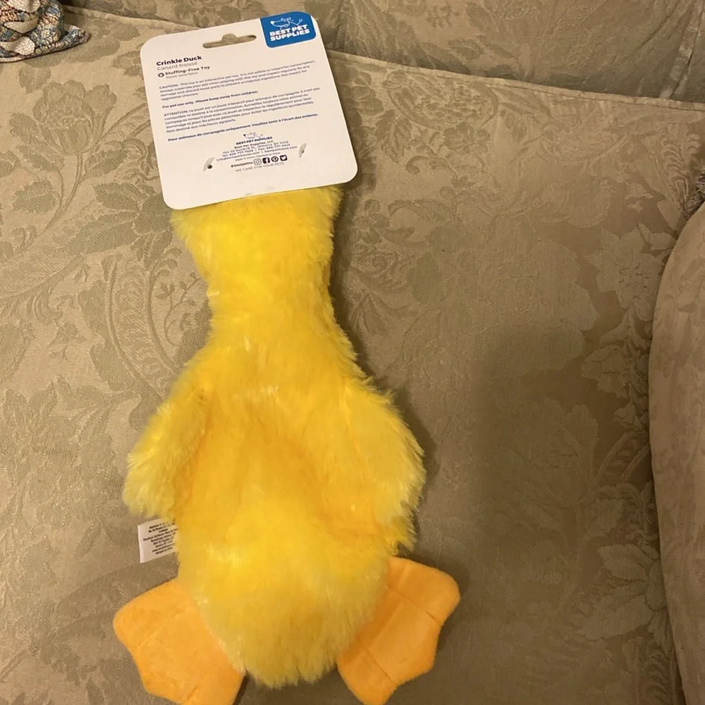 Yellow crinkle duck dog toy FREE with any purchase in closet